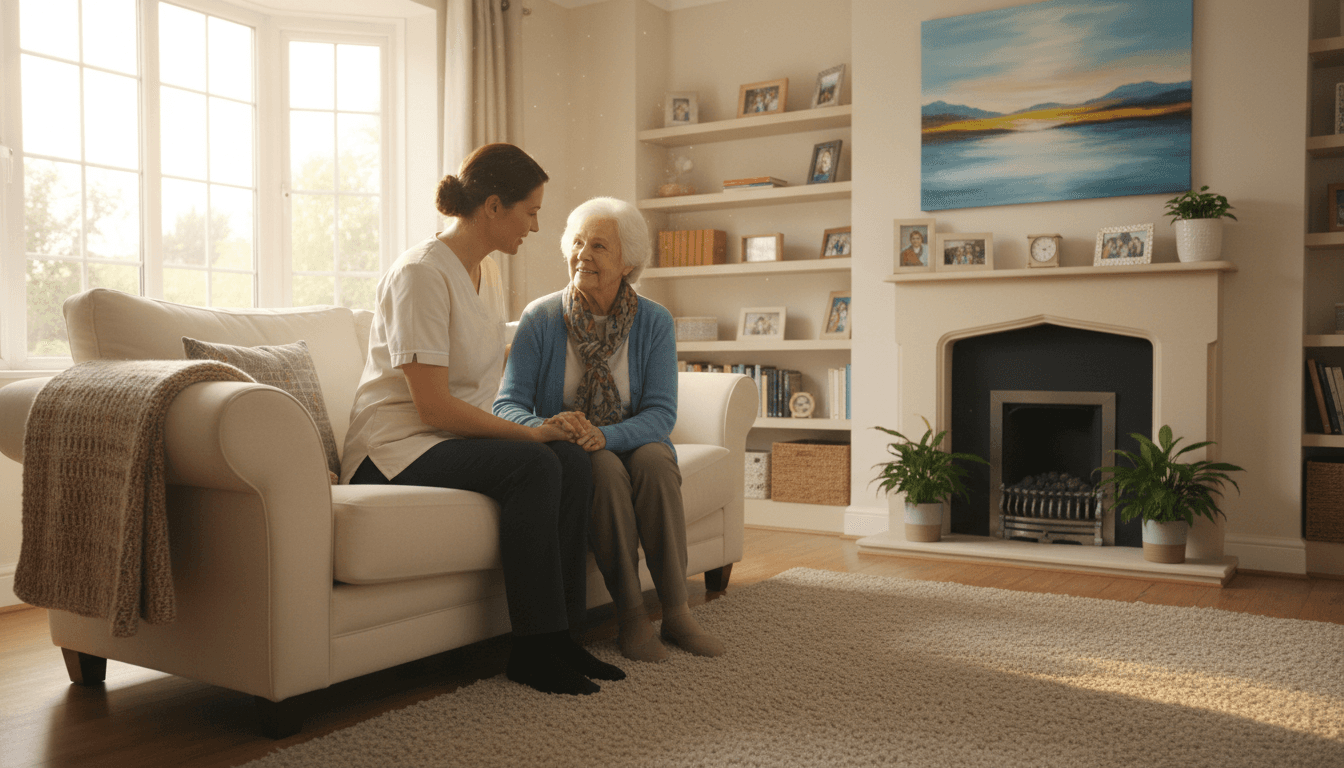 Caregiver smiling while helping a senior woman in a bright living room