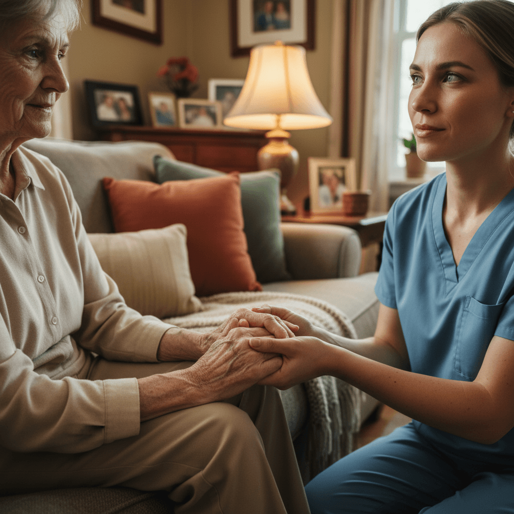 Caregiver holding hands with a senior woman in a cozy living room
