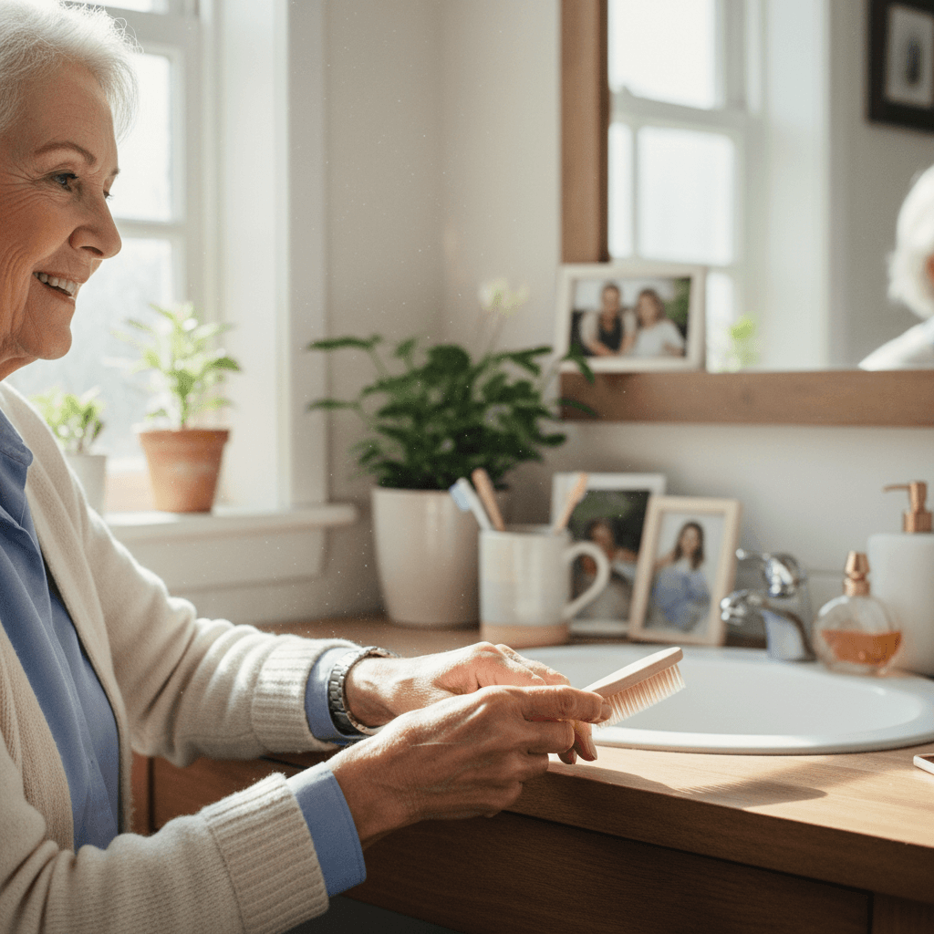 Female caregiver warmly holding hands with senior woman at home